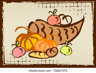 Thanksgiving doodle style greeting card with hand drawn horn of plenty with harvest in brown beige colors. Vector illustration