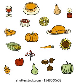 Thanksgiving doodles and drawings isolated.