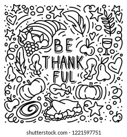 Thanksgiving doodles and hand written lettering. Turkey, cornucopia and pumpkin. Stock vector