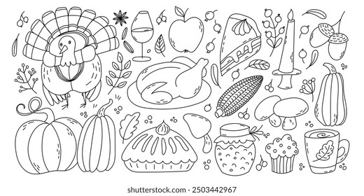 Thanksgiving doodles set. Traditional symbols - turkey, pumpkin pie, corn, apple, wine Hand drawn vector