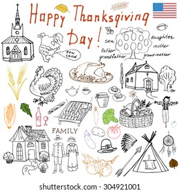 Thanksgiving doodles set. Traditional symbols sketch collection, food, drinks, turkey pumpkin, corn, wine, wheat, vegetables, indians and pilgrims items, Freehand vector drawing and lettering isolated