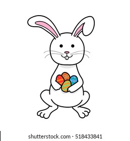 Thanksgiving Easter Bunny Rabbit. A hand drawn vector cartoon illustration of a white Easter Bunny holding colorful eggs.