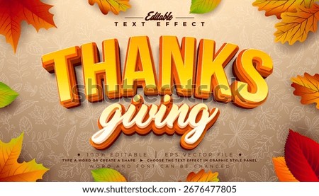 Thanksgiving Editable Text Effect Design with Autumnal Falling Leaves and Typography Lettering Graphic Style with Shadow on Hand Drawn Doodle Background. Vector Traditional Seasonal Holiday