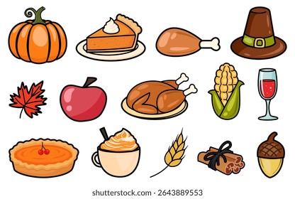 Thanksgiving element. collection of cute cartoon items for Thanksgiving, including a pumpkin, turkey, pumpkin pie, corn, and a Pilgrim hat, perfect for the holiday.