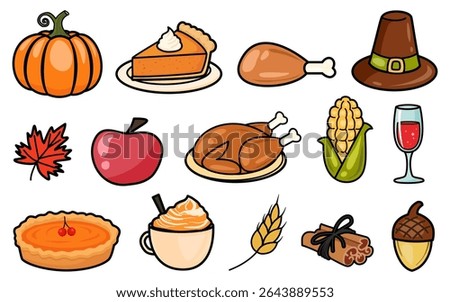 Thanksgiving element. collection of cute cartoon items for Thanksgiving, including a pumpkin, turkey, pumpkin pie, corn, and a Pilgrim hat, perfect for the holiday.