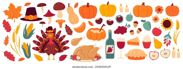 Thanksgiving-Elemente. Herbstferien, traditionelles Essen, Erntefest, Kürbisse, Truthahn und Kuchen, Mais, Wein, Kerzen, Pilgermütze und Ernte. Flache Vektorgrafik einzeln auf weißem Hintergrund