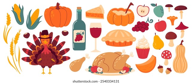 Thanksgiving elements. Autumn holiday, traditional food, harvest festival, pumpkins, turkey and pie, corn, wine, candles, pilgrim hat and harvest. Flat Vector illustration isolated on white background