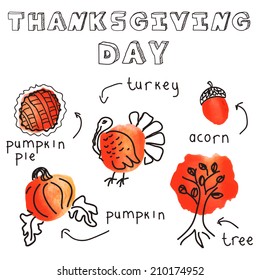 Thanksgiving Elements - Doodle Vector Illustration With Watercolor