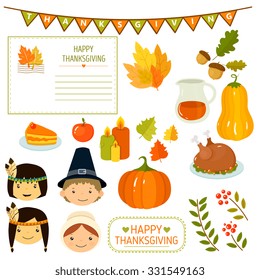 Thanksgiving Elements in Flat Style, Vector Illustration Set