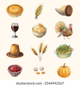 Thanksgiving elements including turkey, cornucopia, wheat, green bean casserole, cranberry sauce, and pumpkin pie, perfect for festive holiday designs.