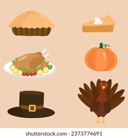 Thanksgiving elements set, bird, food and hat 