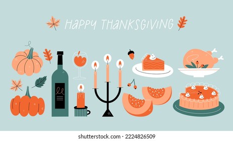 Thanksgiving elements set. Happy Thanksgiving banner. Vector illustration