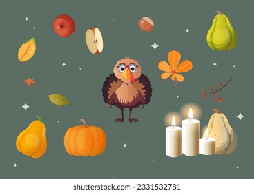 Thanksgiving-Elemente. Türkei, Kürbis, Blätter, Kerzen, Apfel