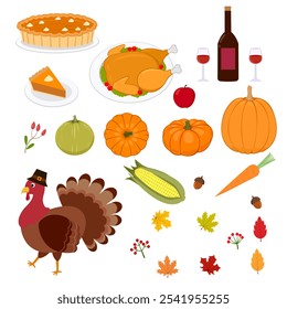 Thanksgiving elements vector illustration set, traditional food, harvest crop and ornament for autumn celebration, pumpkin pie, berry, carrot, corn, colorful leaves, turkey with pilgrim hat and acorn.