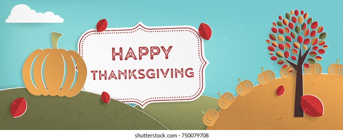 Thanksgiving Fall Autumn Banner with cute Pumpkin and Retro Label, Vector Illustration, minimal landscape with a vintage feel