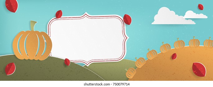 Thanksgiving Fall Banner with cute Pumpkin,  Label and Copy Space, Vector Illustration, minimal landscape with a vintage feel