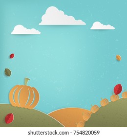 Thanksgiving Fall Design with cute Pumpkin and clouds, Copy Space, Vector Illustration, minimal landscape with a vintage paper feel