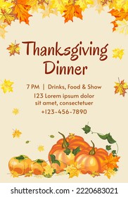 Thanksgiving fall dinner invitation poster with bright autumn leaves over beige background. Design element for the autumn holidays, events, discounts, and sales. Vector illustration.