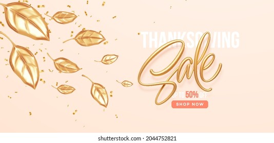 Thanksgiving or fall discount sale banner with falling gold leaves. Autumn sale backdrop with golden leaves. Vector illustration EPS10