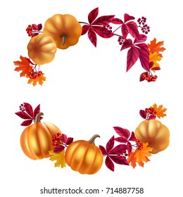 Thanksgiving or fall festival card template. Autumn leaves, berries and pumpkins. Vector illustration for your design on white background.