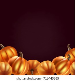 Thanksgiving or fall festival card template. Autumn leaves, berries and pumpkins. Vector illustration for your design on chalkboard dark background.