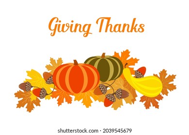 Thanksgiving Fall harvest greeting vector background illustration. Autumn color Maple Leaves, Pumpkin, Oak Acorn nut cartoon design element. Hand drawn Happy Giving Thanks holiday festive celebration