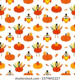 Thanksgiving Fall holiday festive seamless vector pattern. Cute turkey, owl in Pilgrim hat, plump pumpkin cartoon design. Hand drawn autumn Fall harvest celebration decorative background illustration