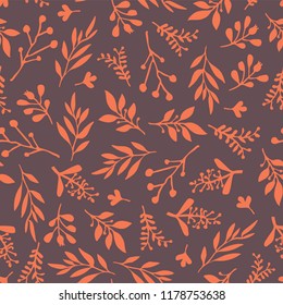 Thanksgiving Fall leaves seamless vector background. Orange leaves on purple background. Abstract nature pattern. Autumn Doodle foliage leaf print. Thanksgiving, Seasonal fabric, November, card, paper