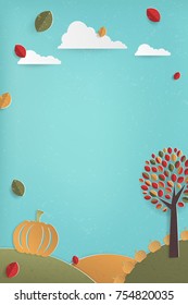 Thanksgiving Fall Postcard Design with cute Pumpkin and clouds, Copy Space, Vector Illustration, minimal landscape with a vintage paper feel