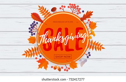 Thanksgiving fall sale banner discount text for autumn shopping promo or autumnal shop design. Vector maple and oak acorn leaf foliage background for Thanksgiving leaflet or sale web poster.