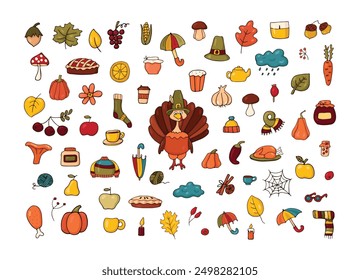 Thanksgiving family autumn holiday. Big set of harvest festival elements, traditional turkey and other food, pumpkin pie, corn, pilgrim hat. Cartoon style. Isolated neat vector set.