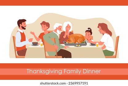 Cartel de la cena de la familia de Acción de Gracias diseño ilustración vectorial. La madre y el padre felices de la caricatura, los abuelos mayores y el niño comen juntos deliciosa comida de Acción de Gracias, sentados en la mesa de casa con un festín.