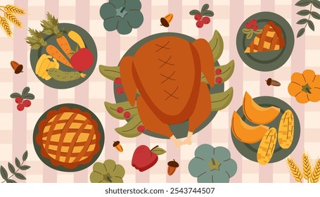 Thanksgiving family dinner banner. Roasted turkey and different dishes on the table. Thanksgiving background. Top view.