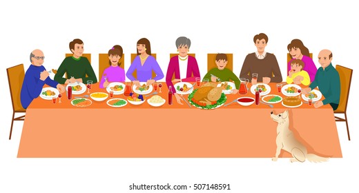 Thanksgiving family dinner. Isolated on white background.