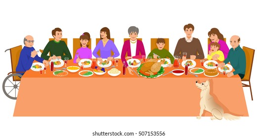 Thanksgiving family dinner. Isolated on white background.