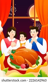 Thanksgiving family dinner together with window in the background and roast chicken in the foreground, vector illustration