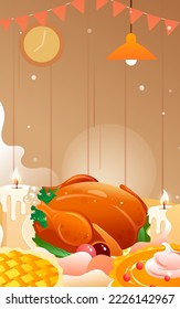 Thanksgiving family dinner together with window in the background and roast chicken in the foreground, vector illustration