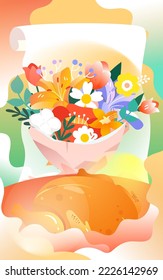 Thanksgiving family dinner together with window in the background and roast chicken in the foreground, vector illustration