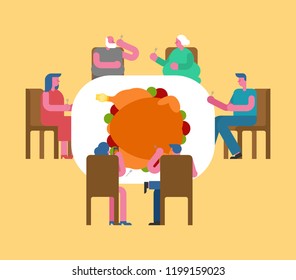 Thanksgiving family dinner. Turkey on big table. Traditional Autumn holiday. Relatives eat. Father and mother. Grandmother and grandfather. 
