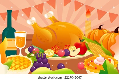 Thanksgiving, family dinner with turkey with pumpkins and fruits in the background, vector illustration