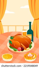 Thanksgiving, family dinner with turkey with pumpkins and fruits in the background, vector illustration