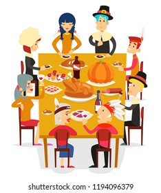 Thanksgiving family friends meal eat pie turkey pumpkin pilgrim indian costumes cartoon design vector illustration