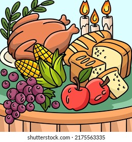 Thanksgiving Feast Colored Cartoon Illustration