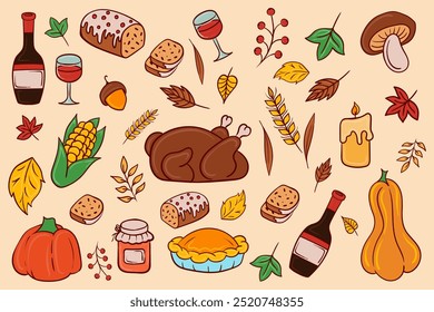 Thanksgiving feast elements outline. Turkey, pie, corn, bread, festive symbols, autumn harvest, family gathering, celebration, holiday, cozy dinner.