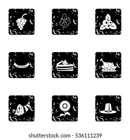 Thanksgiving feast icons set. Grunge illustration of 9 thanksgiving feast vector icons for web