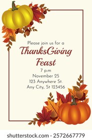 Thanksgiving Feast Invitation card A festive invitation featuring autumn leaves, pumpkins and a welcoming message, perfect for a Thanksgiving dinner party. 