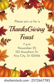 Thanksgiving Feast Invitation card A festive invitation card features an autumnal design, complete with pumpkins, vibrant maple leaves, and acorns framing the Thanksgiving Feast announcement.