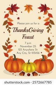 Thanksgiving Feast Invitation card, A warm and inviting Thanksgiving invitation features two pumpkins, acorns, and autumn leaves arranged in a heart shape, perfect for your fall gathering.