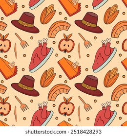 A Thanksgiving Feast Pattern featuring Turkey, Pie, and Stylish Hats for Celebration Events