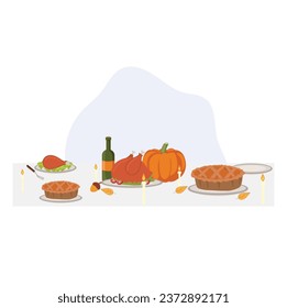 Thanksgiving Feast Table Decorated with Delicious Food. Autumn Harvest Thanksgiving Table.